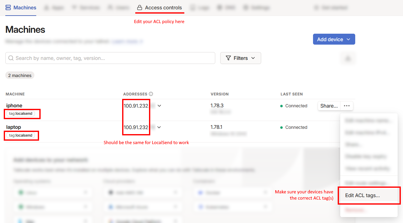 Example of edit dropdown in machines tab with "Edit ACL tags" selected