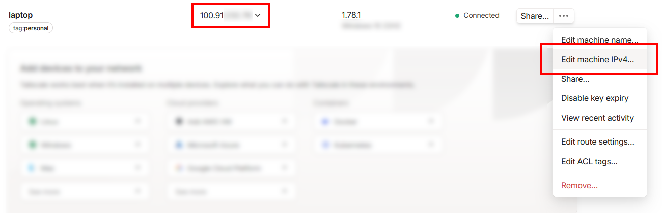 Edit an IPV4 address in the Tailscale machine overview